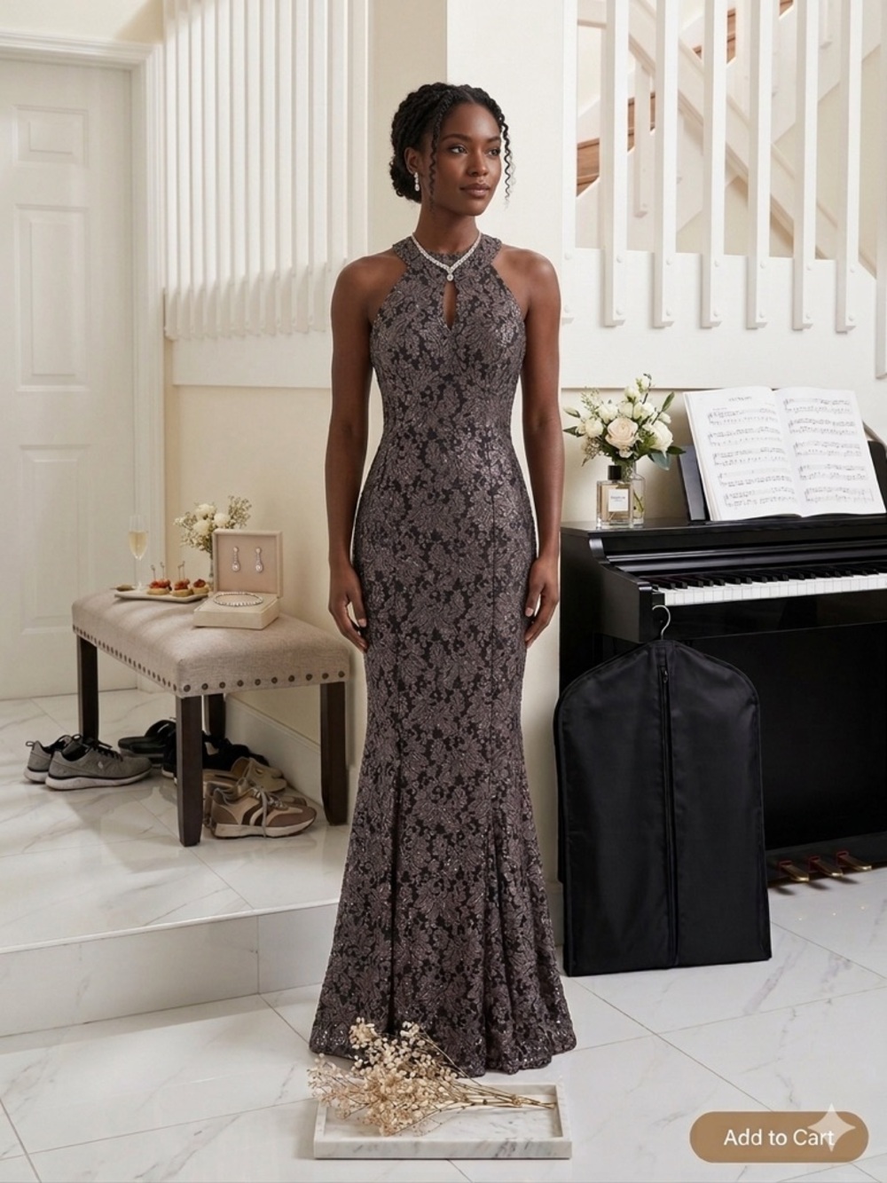 Elegant Black Lace Halter Evening Dress